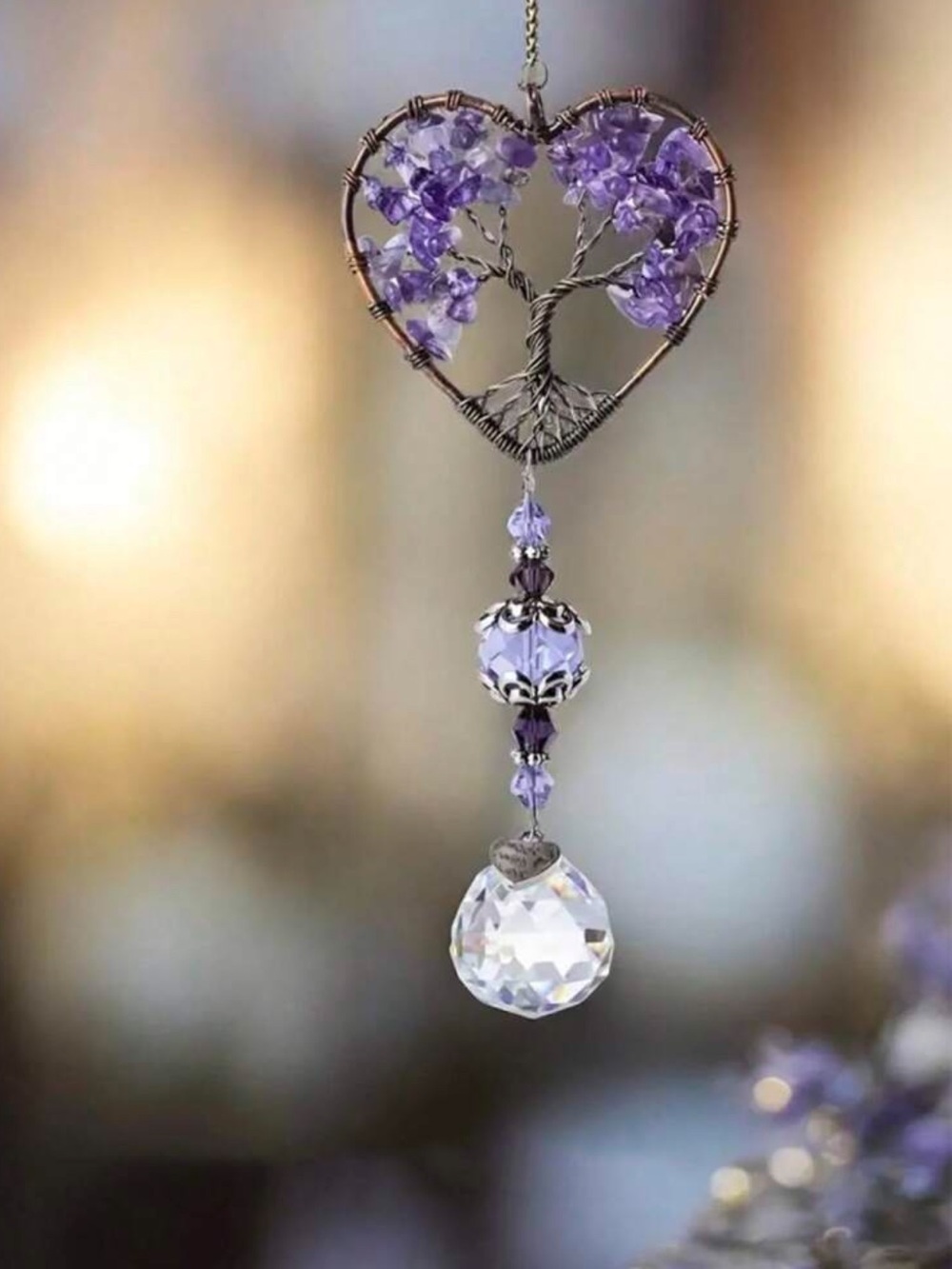 Natural Amethyst and Crystal Tree of Life Suncatcher NEW home car decor - Picture 1 of 6